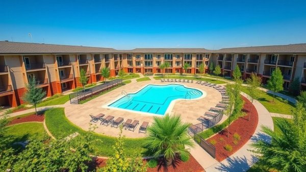 Modern senior living communities in Pearland with swimming pool and apartments.