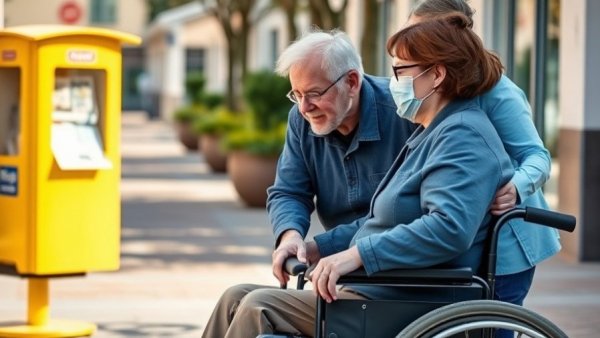 Caregiver aids elderly person in a wheelchair in East Texas.