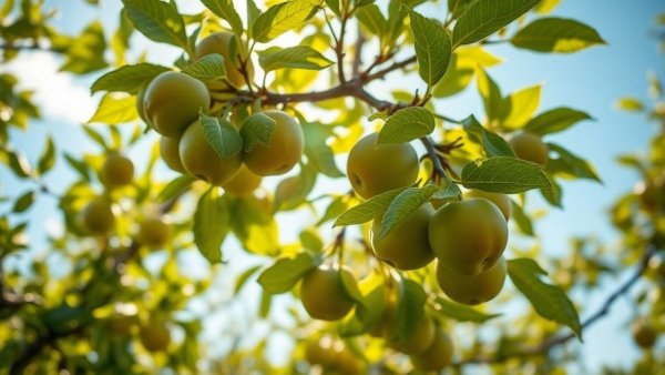 Sunlit apple tree with ripe green apples in a vibrant orchard.