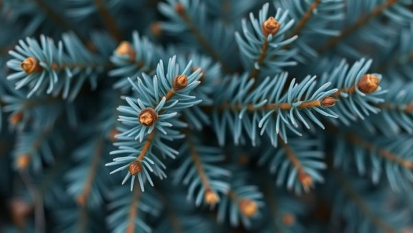 Close-up of blue spruce branches. Christmas tree safety tips.