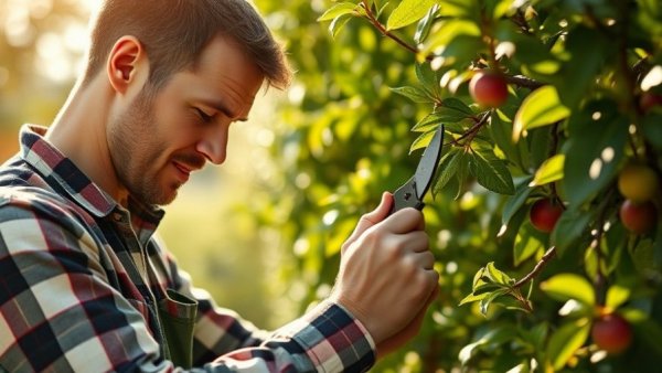 Man pruning fruit tree in garden, showcasing fruit tree pruning tips.