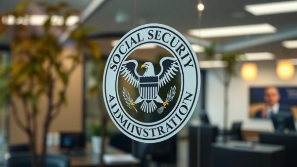 Social Security Administration logo on glass window with office reflection.