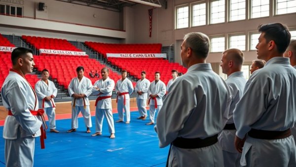 Martial arts training for hotel security in a spacious indoor arena.