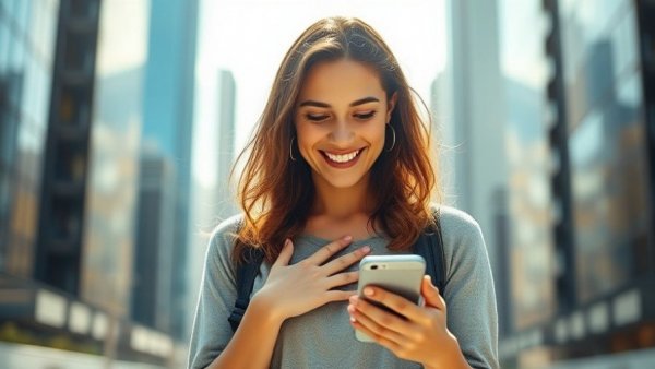 Excited businesswoman with smartphone in city investing in Solana cryptocurrency.