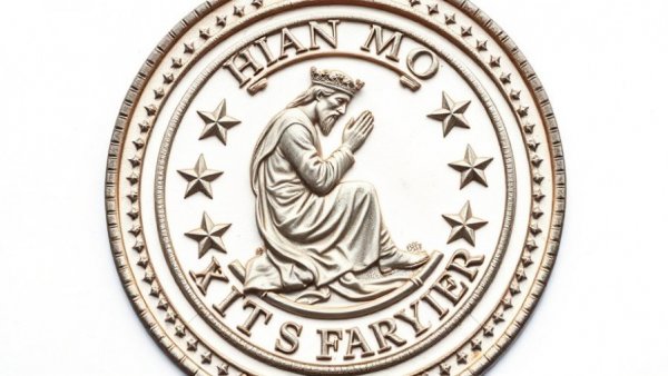 Intricate emblem with a historic figure kneeling in prayer surrounded by stars.