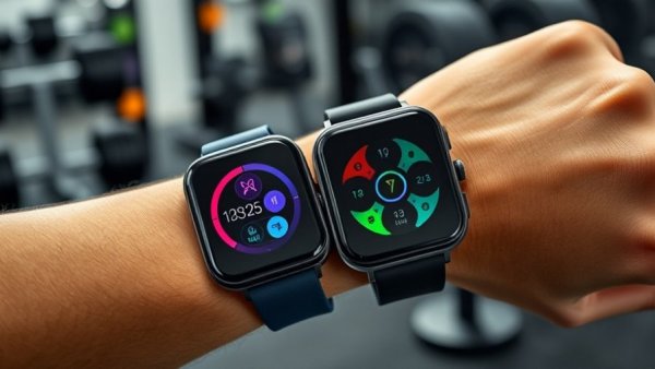 Close-up of fitness trackers showcasing colorful displays in a gym, perfect for Black Friday fitness tracker deals.