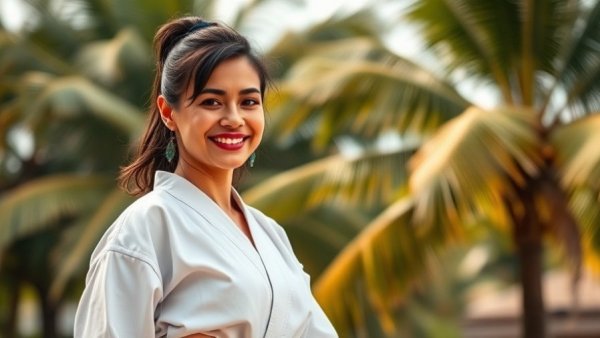 Woman in martial arts gi standing outdoors, politics and martial arts theme.