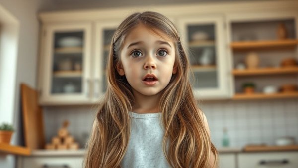 Young girl in San Diego expressing surprise indoors with cabinets in background