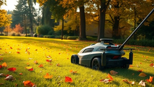 Remote-controlled lawn mower in action on a sunny autumn day.