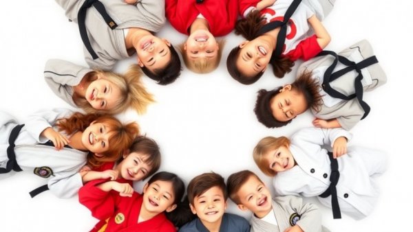 Diverse group of children in martial arts uniforms smiling in a circle.