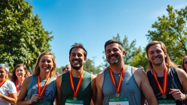 Happy participants at outdoor event in Muskegon, vibrant and sunny setting.