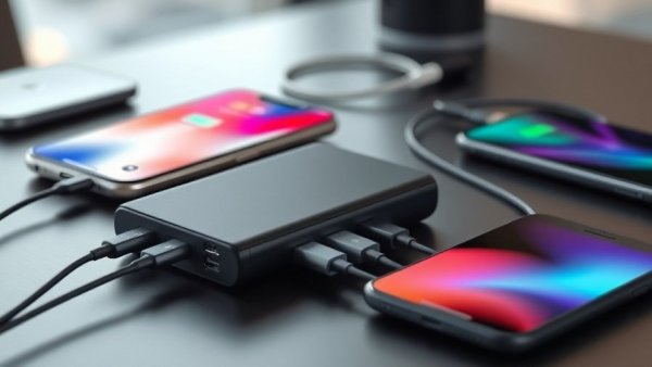 Tech setup with a sleek power bank charging multiple devices.