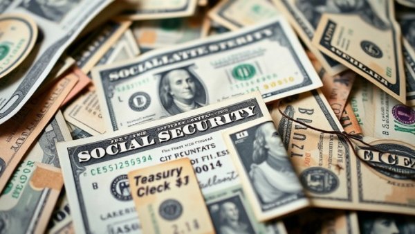 Close-up of U.S. currency, Social Security card, and Treasury check.