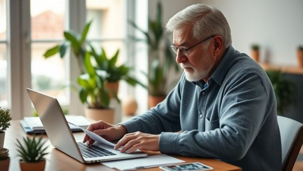 Elderly man reviewing documents for Medicare and Social Security benefits.