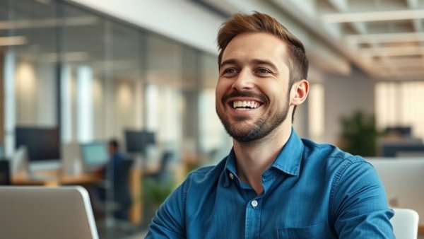 Happy man in office celebrating success, reflecting Amazon Broadcom $3 Trillion Club.
