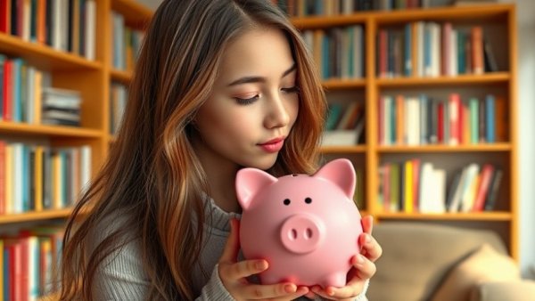 Young woman kissing piggy bank, symbolizing savings and growth