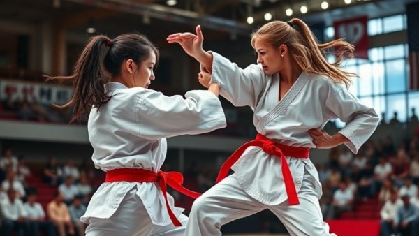 Iranian women's karate athletes in an intense match at a sports arena.