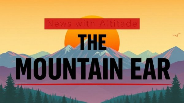 Stylized mountain newspaper masthead with scenic backdrop.