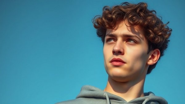 Contemplative young man outdoors under blue sky.