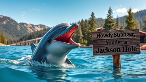 Dolphin in water next to Jackson Hole sign, Alzheimer's research inspiration.