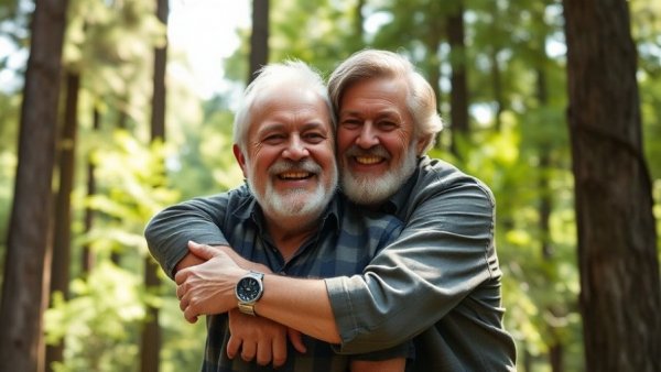 Smiling older man with son enjoying nature; Social Security benefits for older parents.