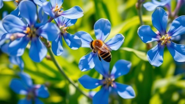 Close-up of blue flowers and bee in a backyard garden under sunlight.