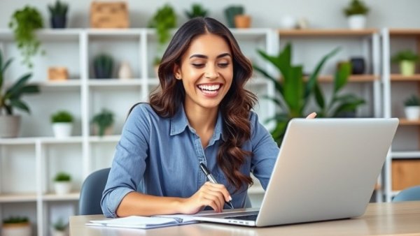 Joyful woman in office celebrates Zcash investment potential.