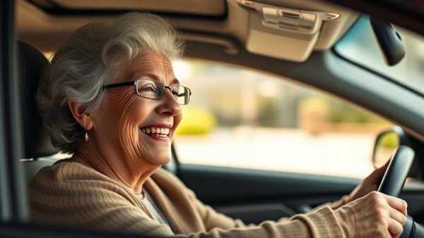 Senior woman driving a car focusing on safety, smiling in daylight.