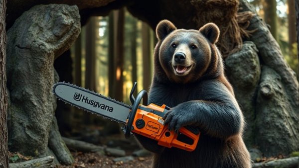 Bear Husqvarna chainsaw viral campaign: Bear with chainsaw in forest.