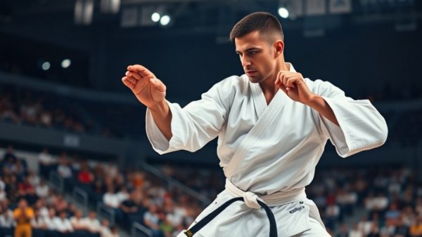 Martial artist in action at an indoor arena, showcasing skill and focus.