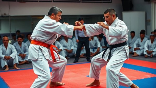 Dynamic karate competition scene at Iran Karate Championships 2025.