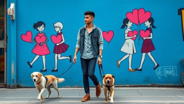 Man walking dogs near colorful mural, top dog-friendly cities