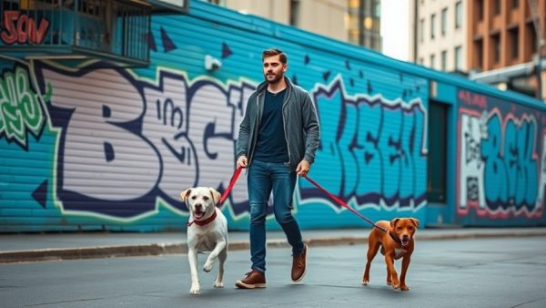 Man walks dogs by graffiti mural in vibrant city, top cities for dog owners.
