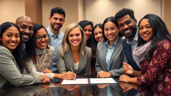 Long-term health coverage signing in Muskegon with diverse group.