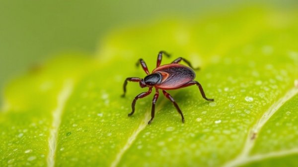 Close-up of a tick on a green leaf, detailed macro shot.