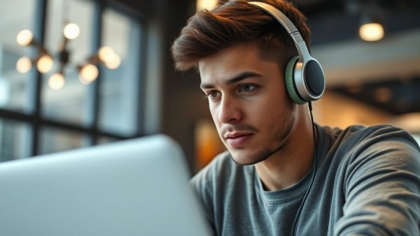 Young man focused on laptop screen in cafe, insurance claims denials concept.