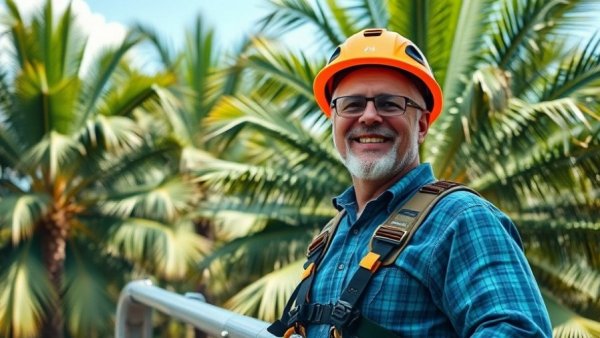 Local tree expert in safety gear smiling in Shelby, Michigan outdoors.