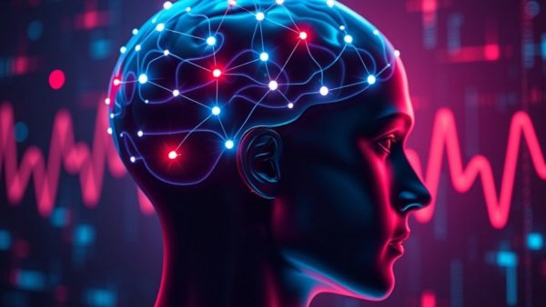 Futuristic EEG/ECG brain visualization with neural connections, Cholinium Eutectogel application.