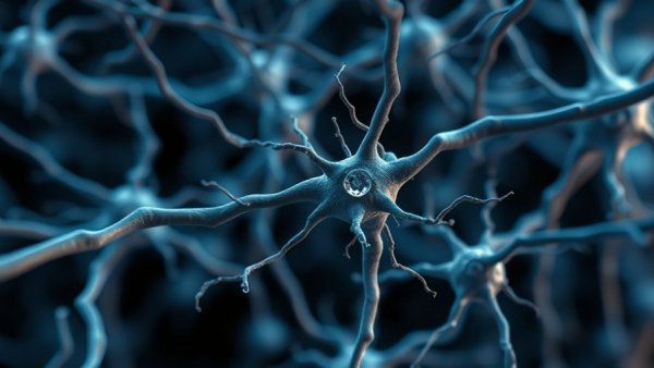 Neuron cells with amyloid plaques in Alzheimer’s research visualization.
