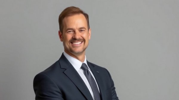 Smiling man in a suit, confident pose, on gray background.
