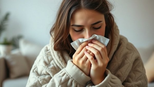 Young woman sneezing under blanket, highlighting holiday stress and immune health.