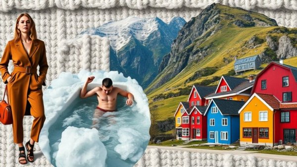 Scandinavian workout trend collage with ice bath and fashion.
