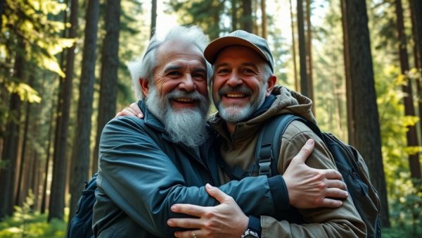 Older parent and son enjoying nature, symbolizing Social Security benefits.