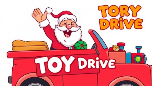 Cheerful Santa in red truck for Inky Santa Toy Drive Nantucket.