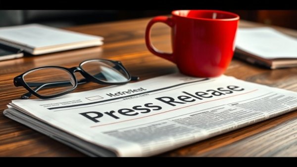 Desk with press release, glasses, and coffee cup.