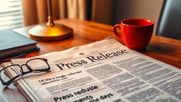 Office desk with newspaper titled 'Press Release', red coffee cup nearby.