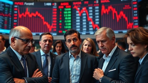 Concerned professionals at stock exchange amid AI stocks warning.
