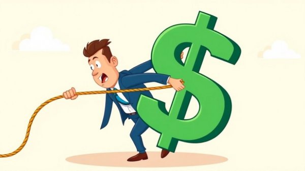 Cartoon businessman pulling giant dollar sign, symbolizing financial burden, Medicare for All viability.