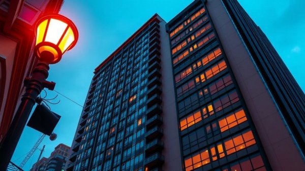 Urban building at sunset in city backdrop, stressing architecture.