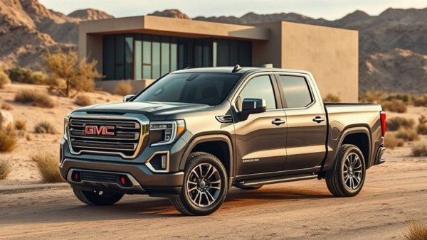 GMC Sierra EV truck parked in a desert landscape.